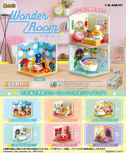 Re-Ment's Kirby Wonder Room figures: miniature dioramas showing Kirby in kitchen, bath, play, and other room settings