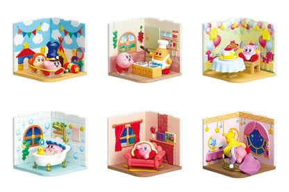 Six Kirby diorama scenes: playing, cooking, celebrating, bathing, relaxing, and sleeping in various room settings