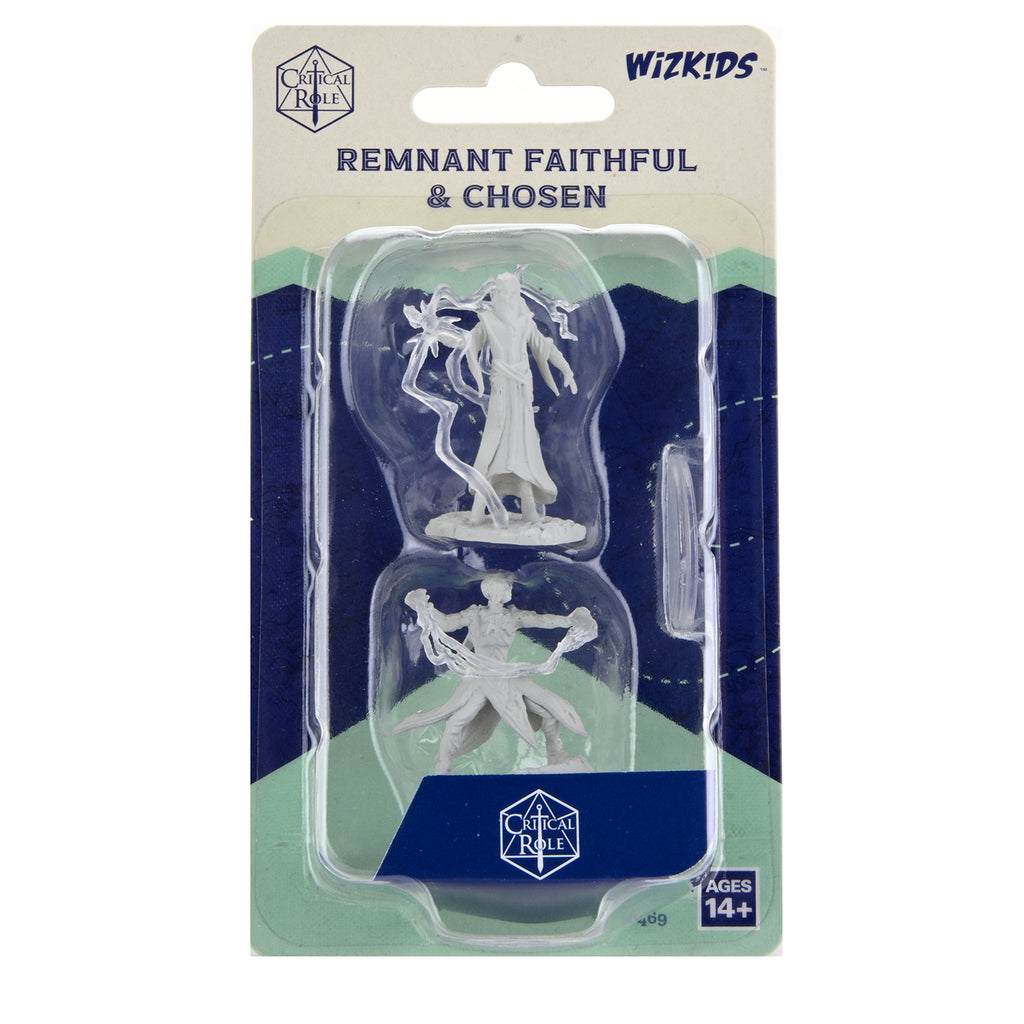 Two grey unpainted Wizkids Critical Role Remnant Cultist & Chosen miniatures are sealed in a clear blister pack against a mountain-themed card with 'AGES 14+'