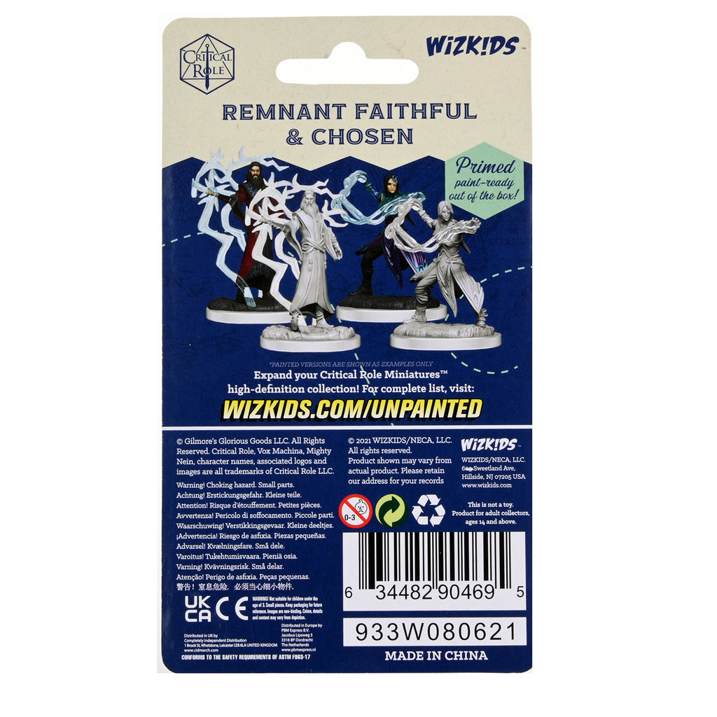 The back of a WizKids Critical Role Remnant Faithful & Chosen unpainted miniatures package showcases four gray fantasy figures in dynamic poses on a blue background