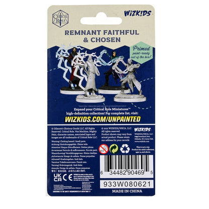 The back of a WizKids Critical Role Remnant Faithful & Chosen unpainted miniatures package showcases four gray fantasy figures in dynamic poses on a blue background