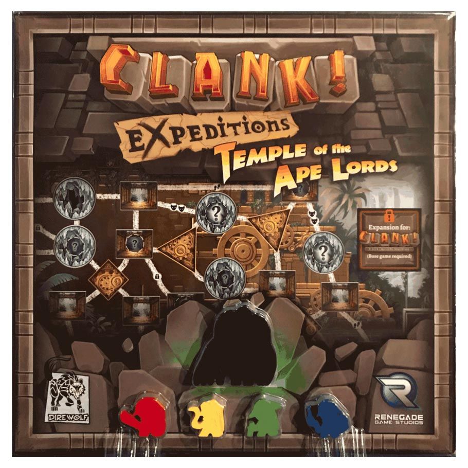 Box art for 'CLANK! Expeditions Temple of the Ape Lords' board game expansion, showing a detailed temple map and player pawns