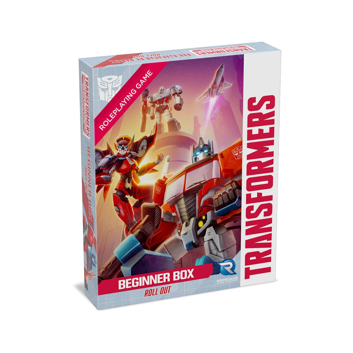 Transformers Roleplaying Game Beginner Box. Cover features Optimus Prime, Arcee, Megatron, and Starscream.
