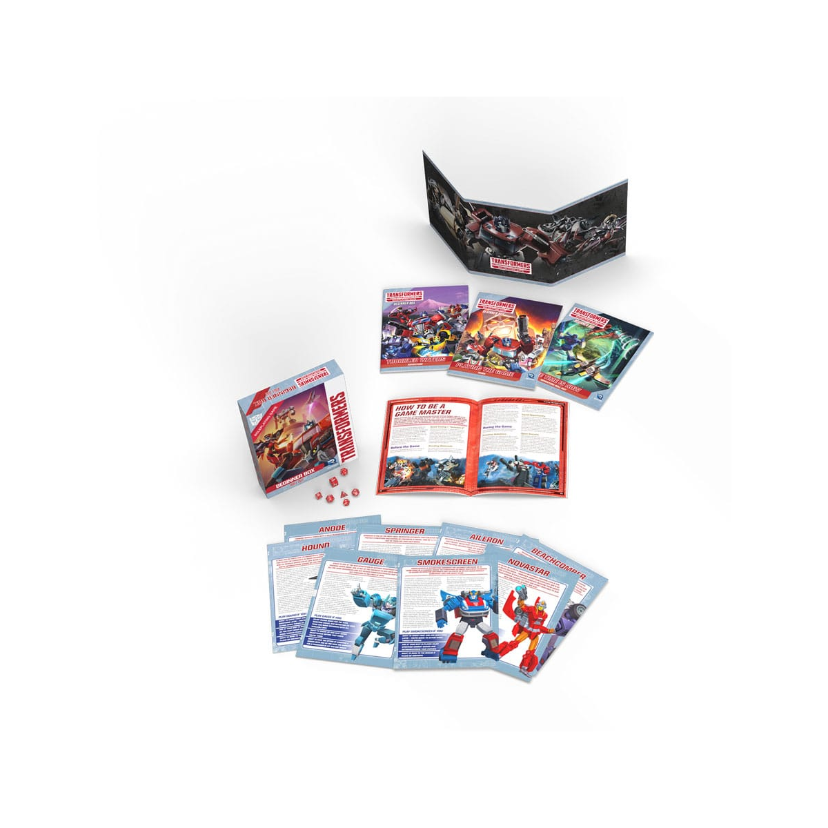 Transformers RPG Beginner Box set laid out: box, rulebooks, character sheets, red dice, and GM screen.