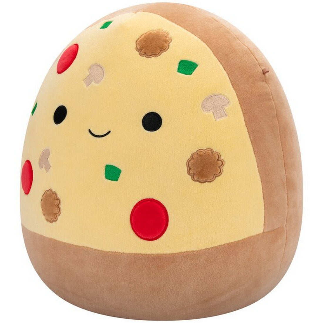 Smiling, egg-shaped pizza plushie with pepperoni, mushrooms, and crust detailing