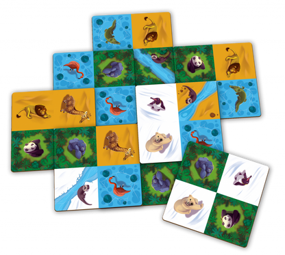 Interlocking square game tiles depicting various animals like lions, penguins, and gorillas in diverse habitats