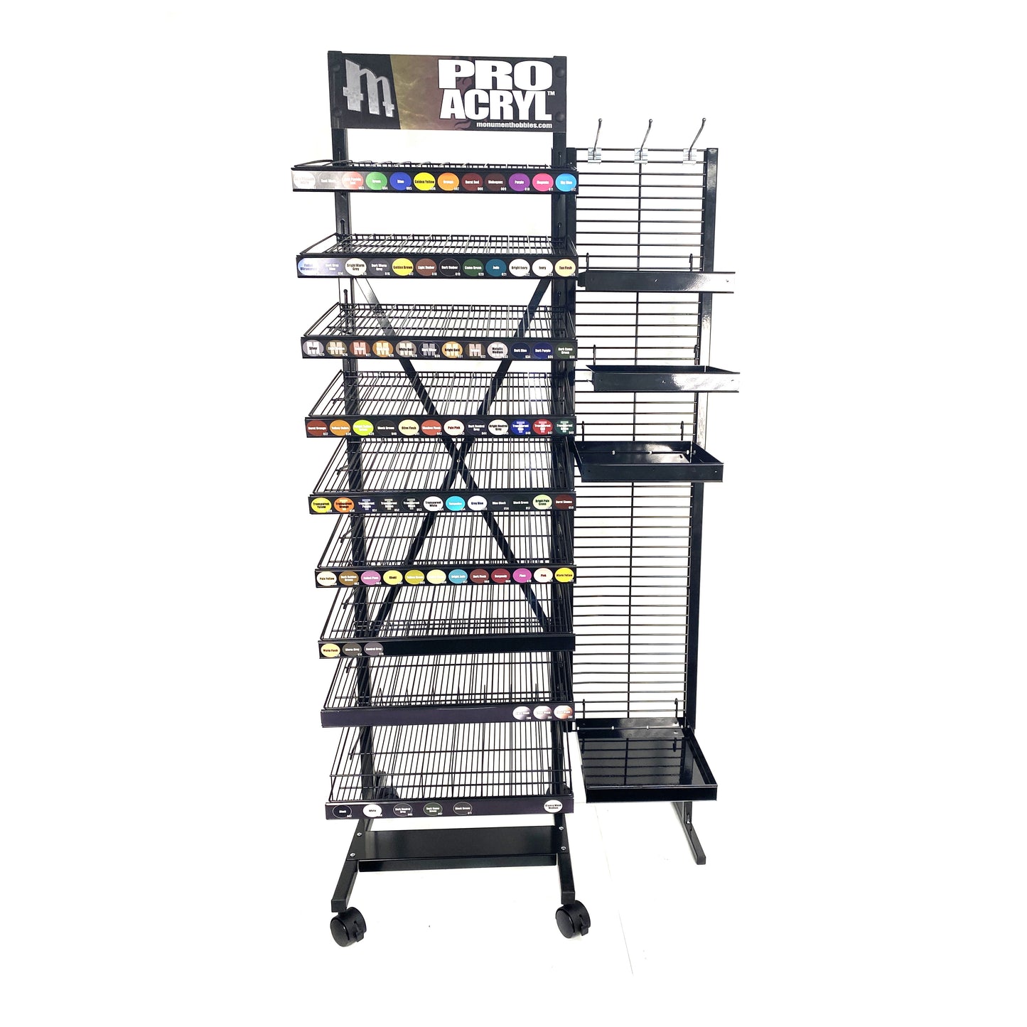 A black metal display rack for PRO ACRYL paints, featuring numerous colour swatches and empty shelves, on a white background.