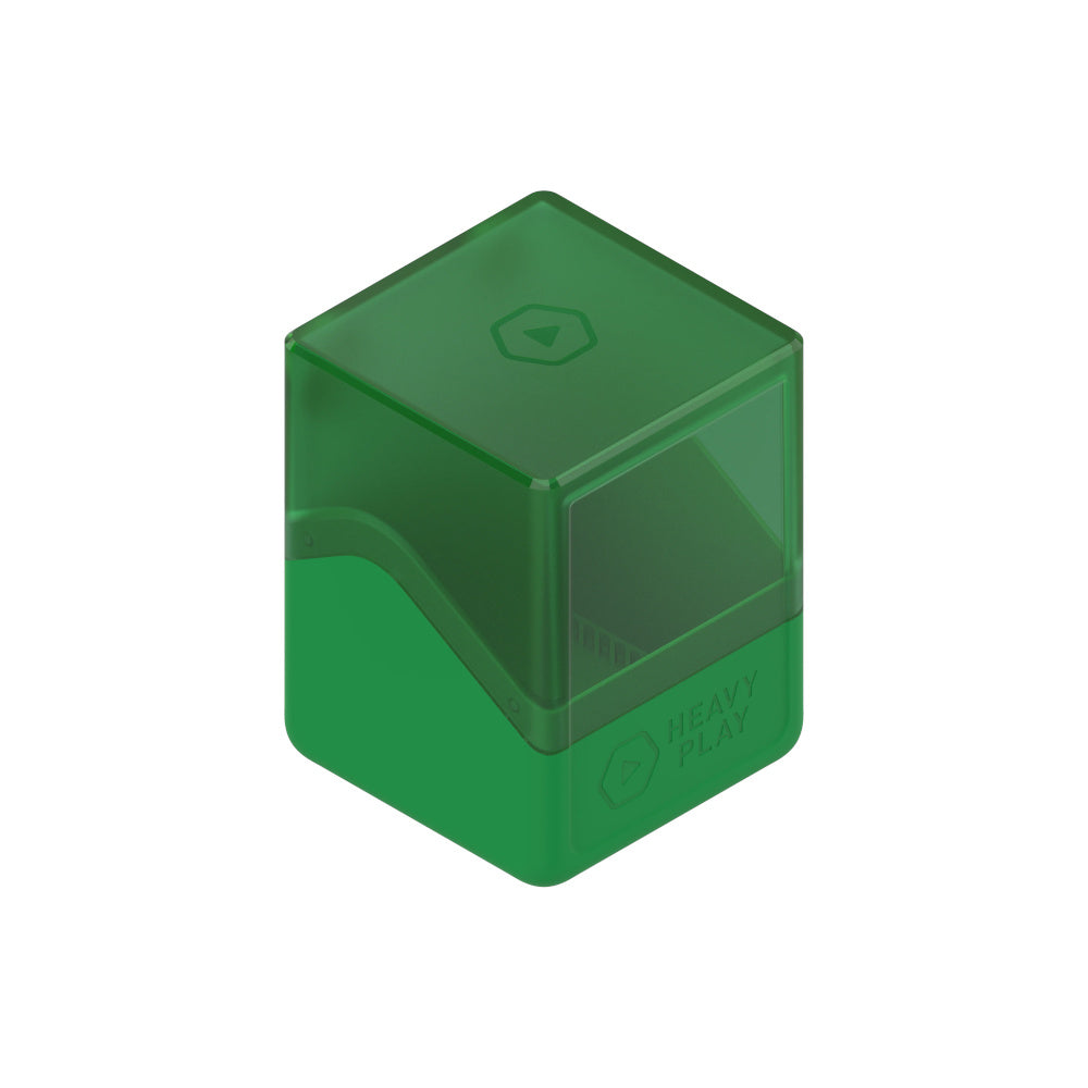 Druid green plastic storage box: transparent top, opaque base, with &quot;Heavy Play&quot; branding and logo
