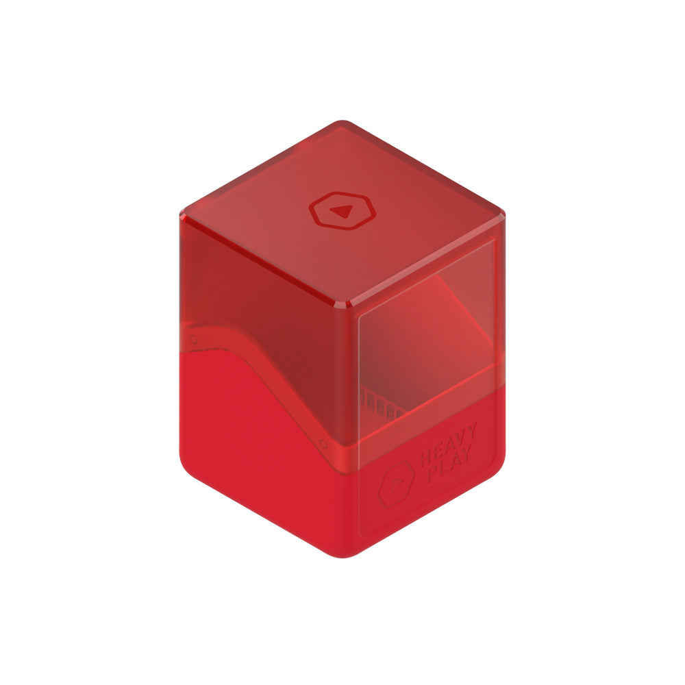 A red plastic gaming deck box. The top half is translucent red, the bottom opaque, featuring the &quot;Heavy Play&quot; logo