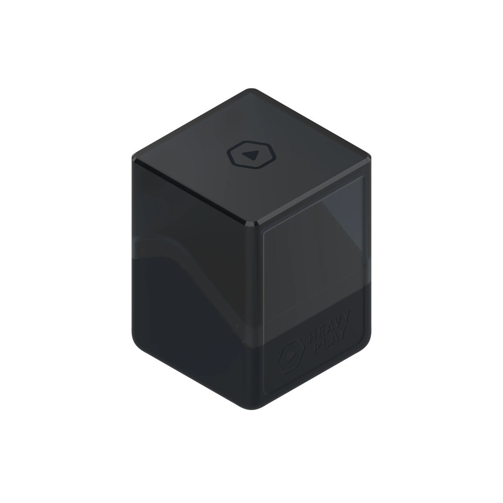 A black cube-shaped device with a translucent upper section, "Heavy Play" branding, and a play button icon.