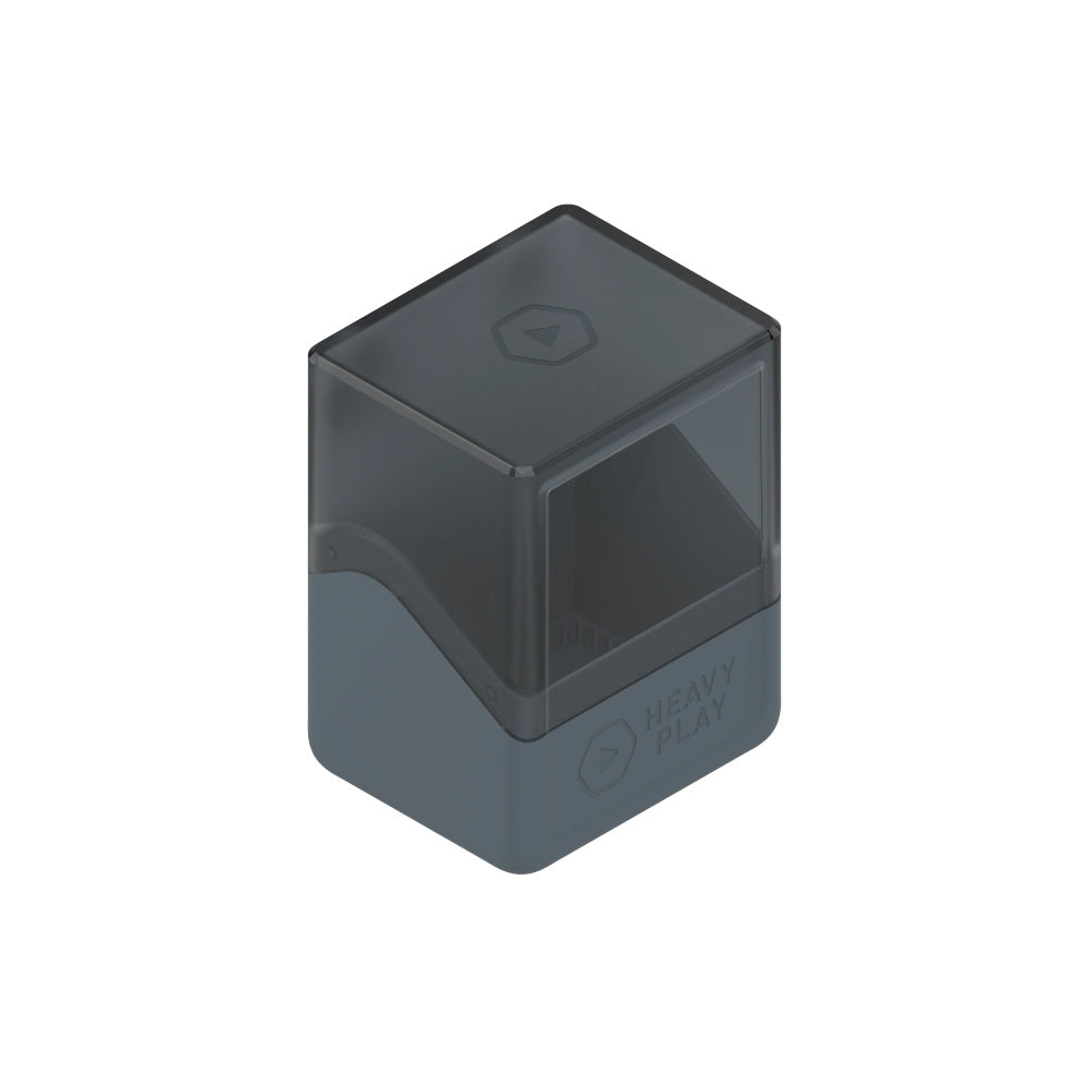 An Artificer Grey deckbox with a solid dark gray base and a translucent dark gray top, featuring a curved upper edge