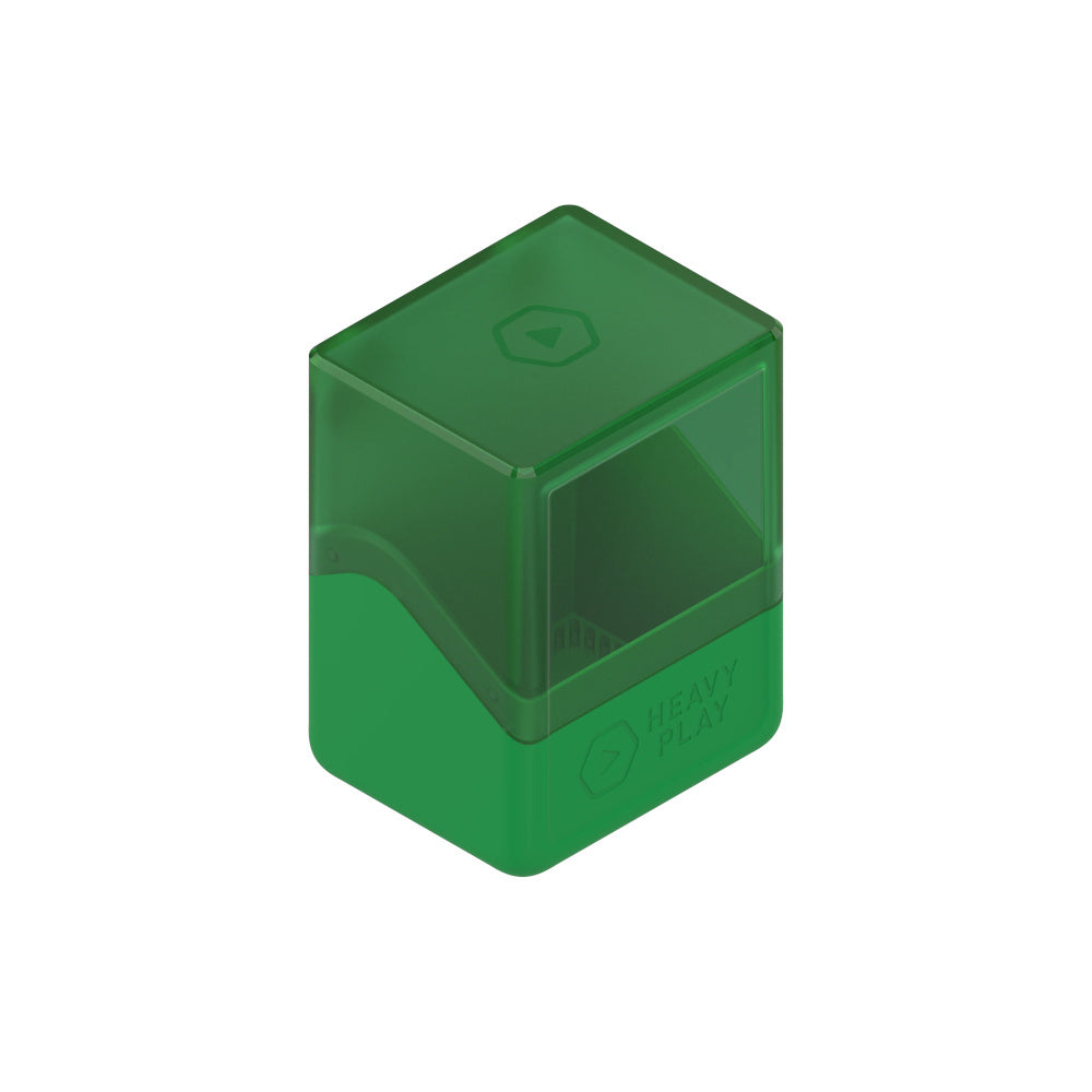A Druid Green deck box for card games, with a translucent hinged lid and "HEAVY PLAY" branding