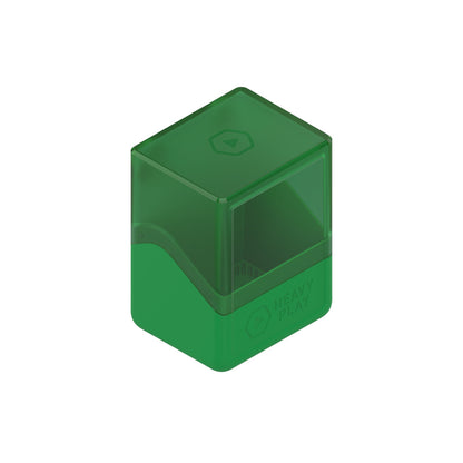 A Druid Green deck box for card games, with a translucent hinged lid and "HEAVY PLAY" branding