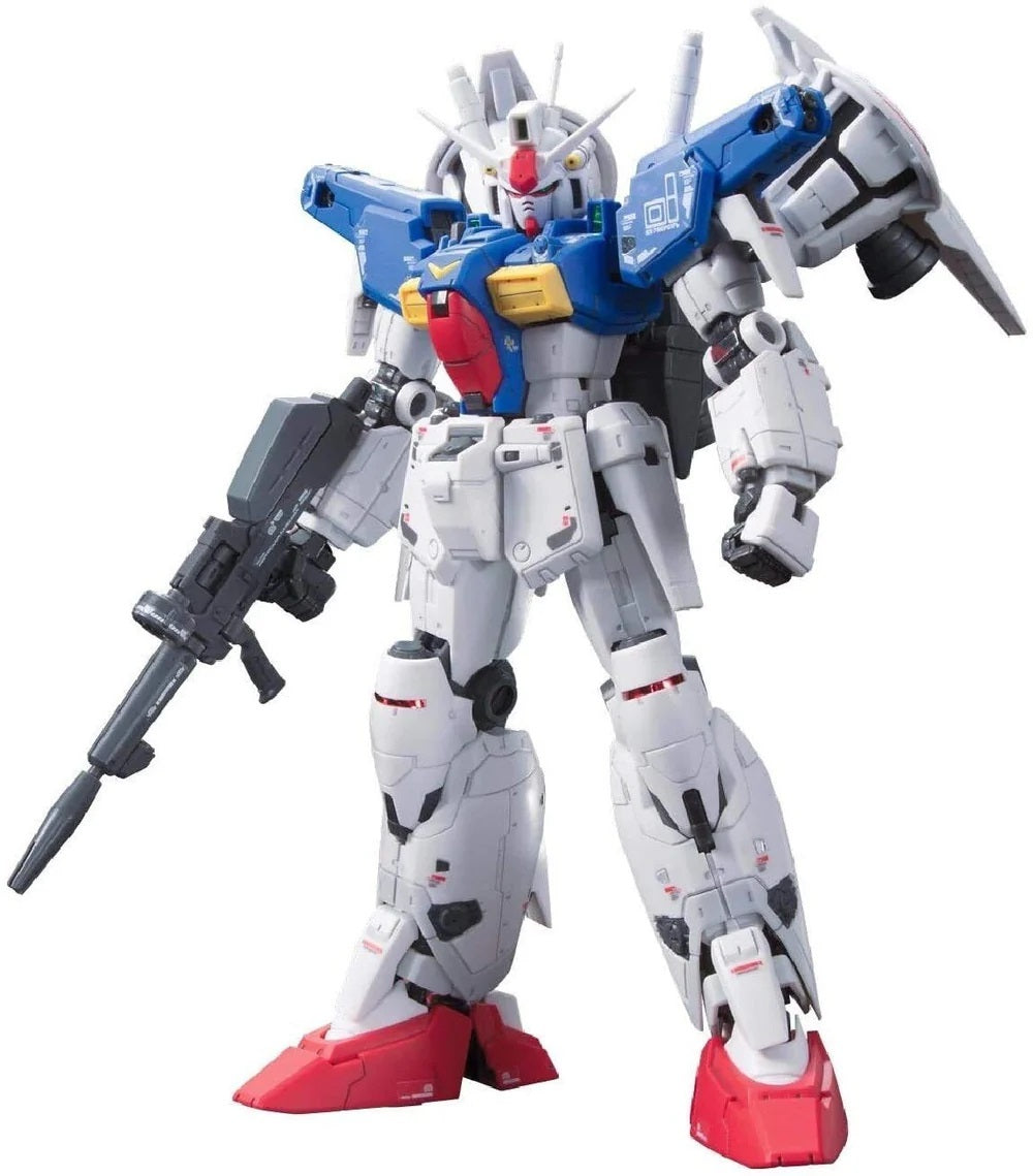 White and blue Gundam Mobile Suit model holding a rifle, standing on a white background