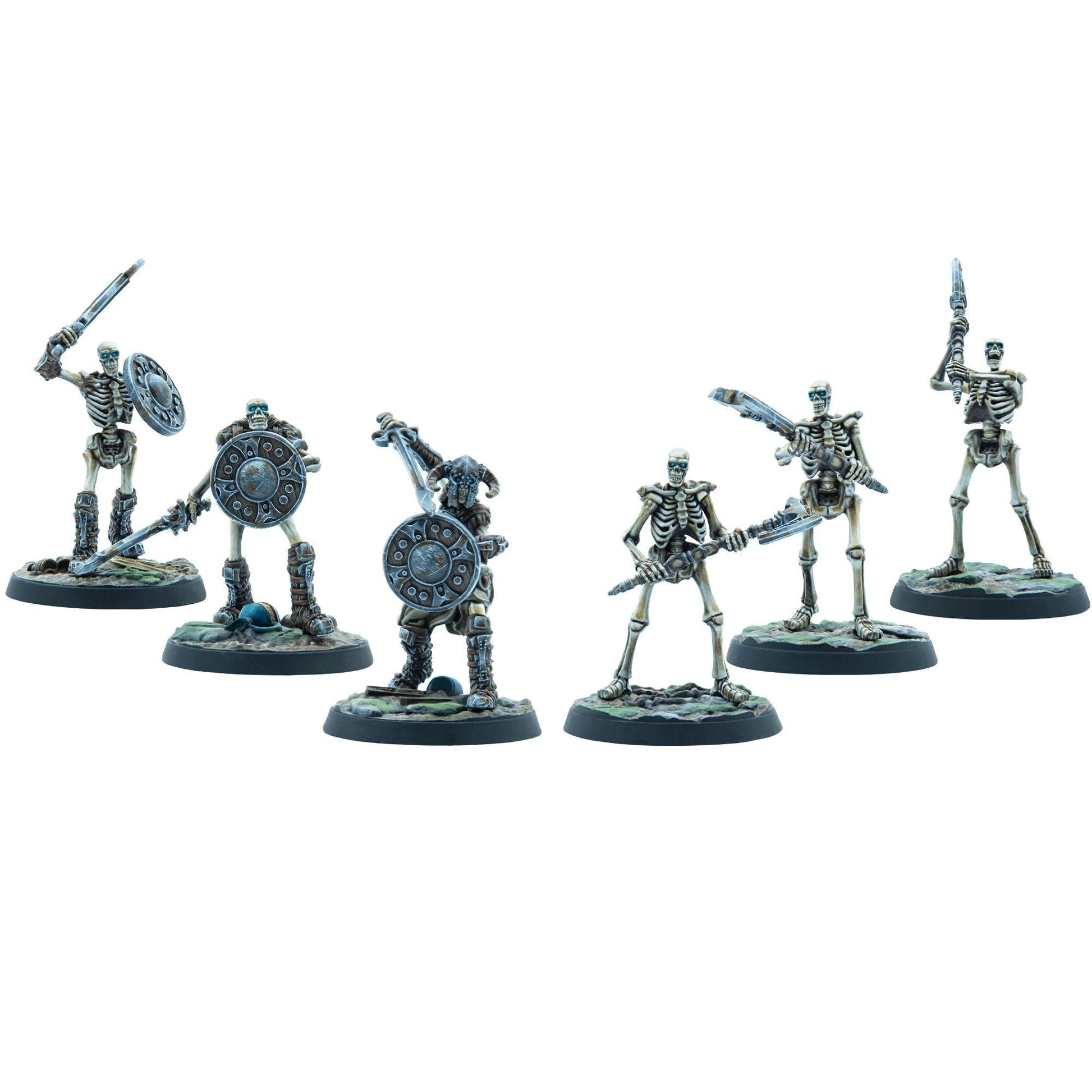Six skeleton warrior miniatures with swords, shields, and axes, posed for battle on a white background
