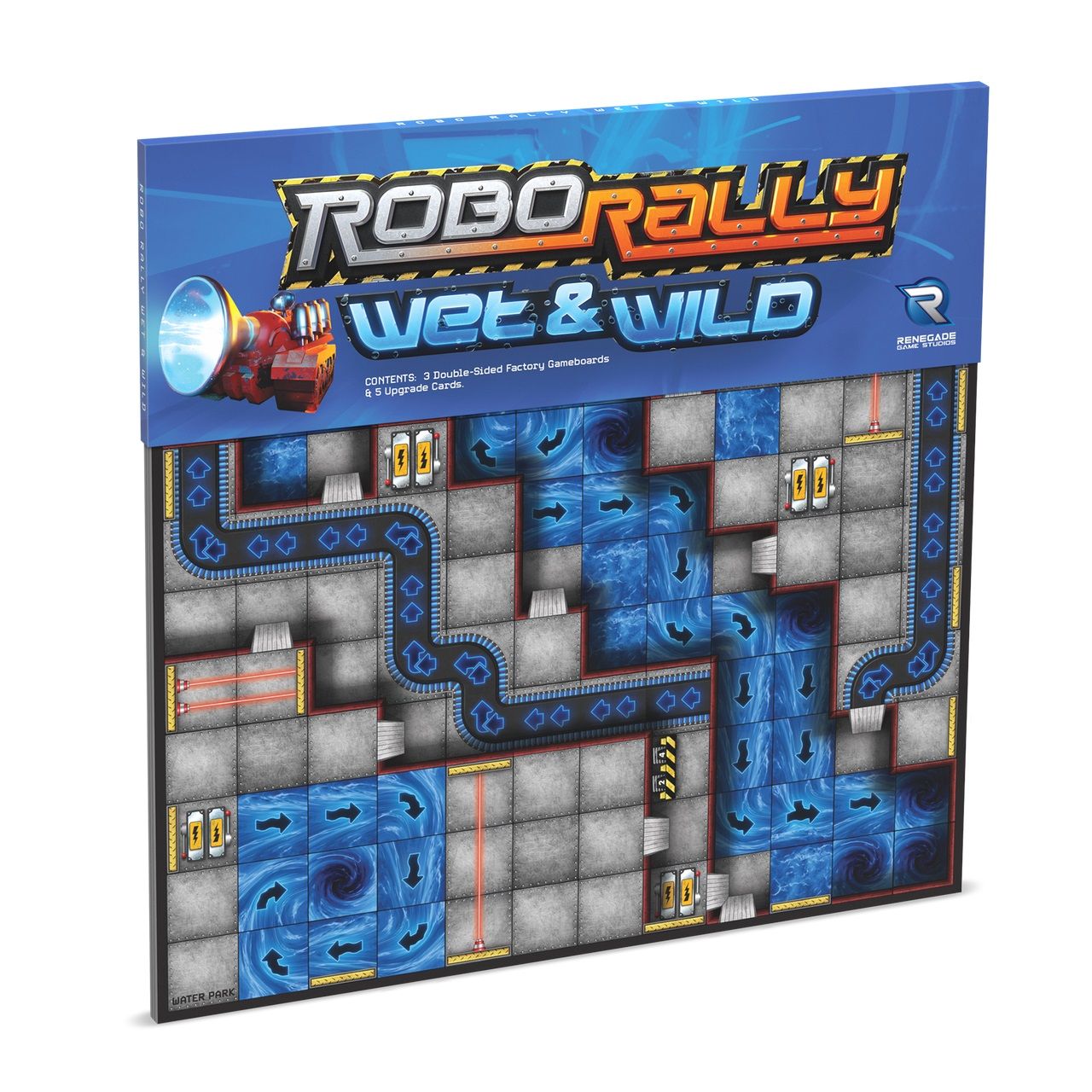 RoboRally Wet & Wild expansion box displaying a game board featuring swirling water hazards and conveyor belts