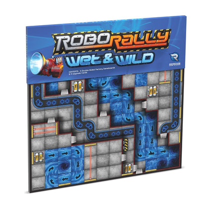 RoboRally Wet & Wild expansion box displaying a game board featuring swirling water hazards and conveyor belts