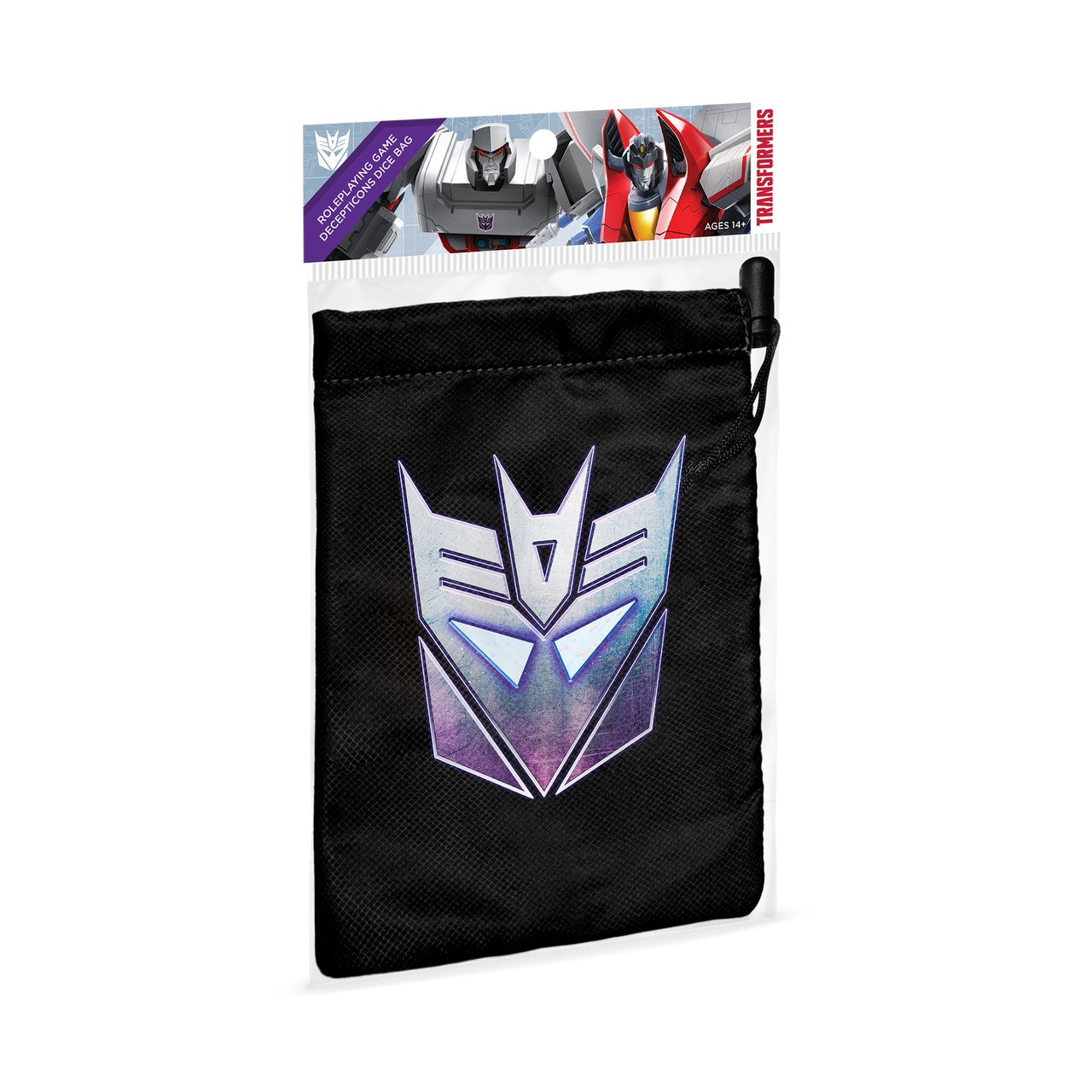 A black drawstring dice bag featuring a large stylized purple and silver robotic head graphic, presented in clear retail packaging