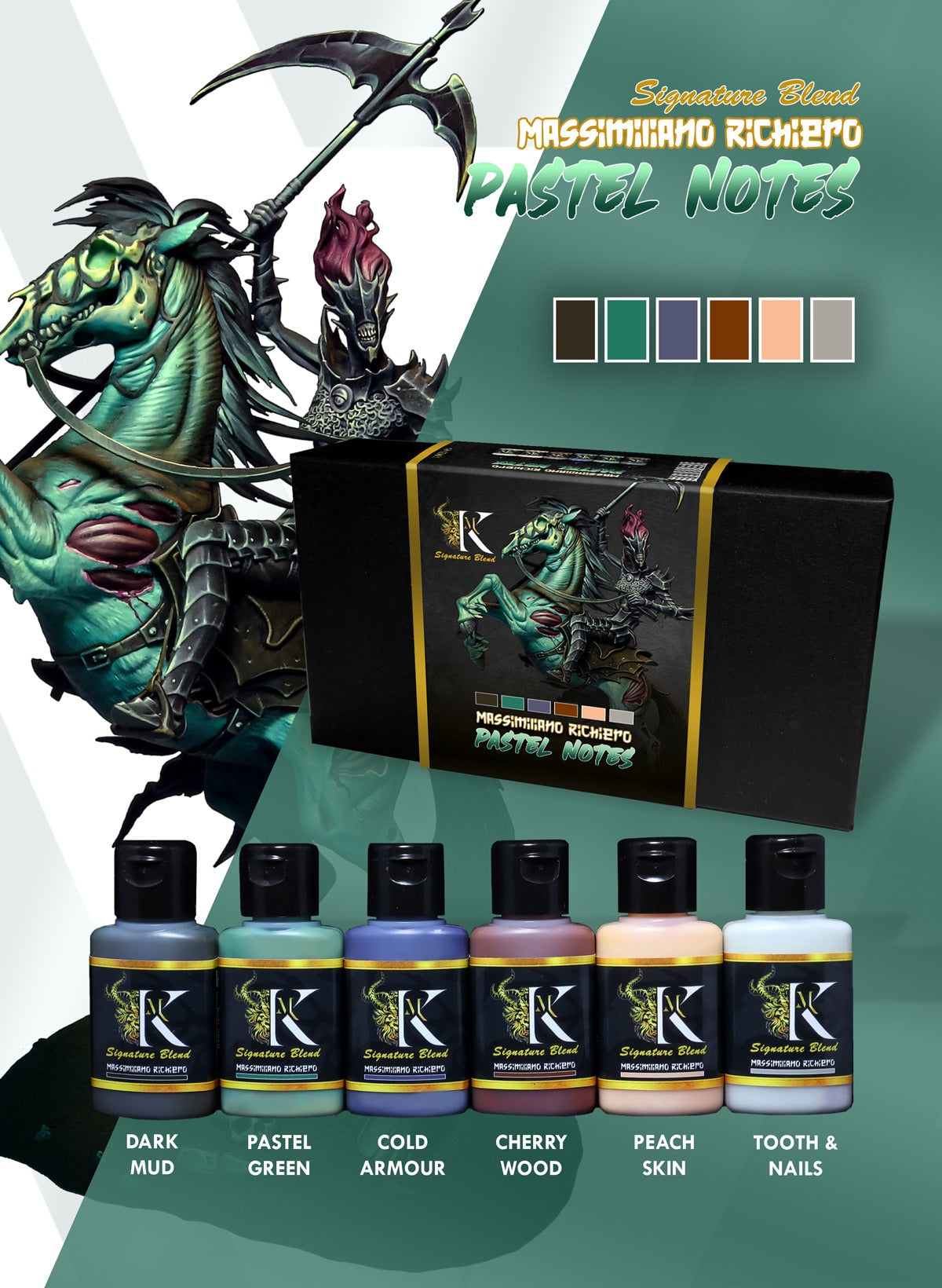 Massimiliano Richiero Pastel Notes paint set: 6 bottles, box, and painted grim reaper on zombie horse