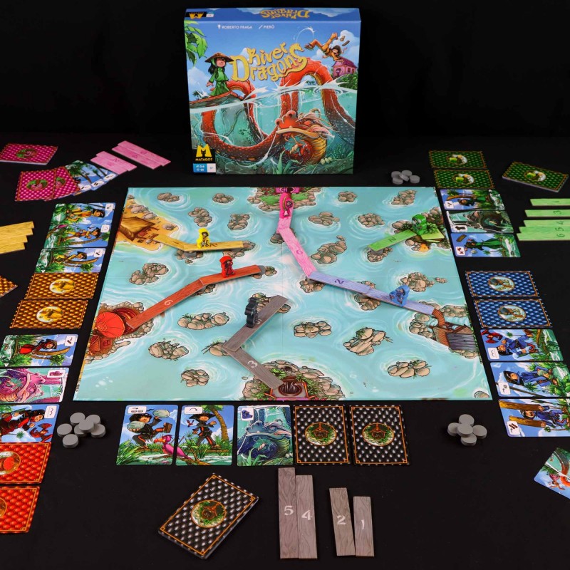 River Dragons board game setup featuring the board character pawns bridge pieces cards and tokens