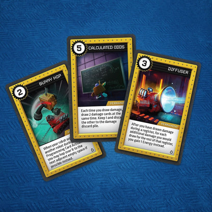 Three Robo Rally option cards: Bunny Hop, Calculated Odds, and Diffuser, featuring mechanical art