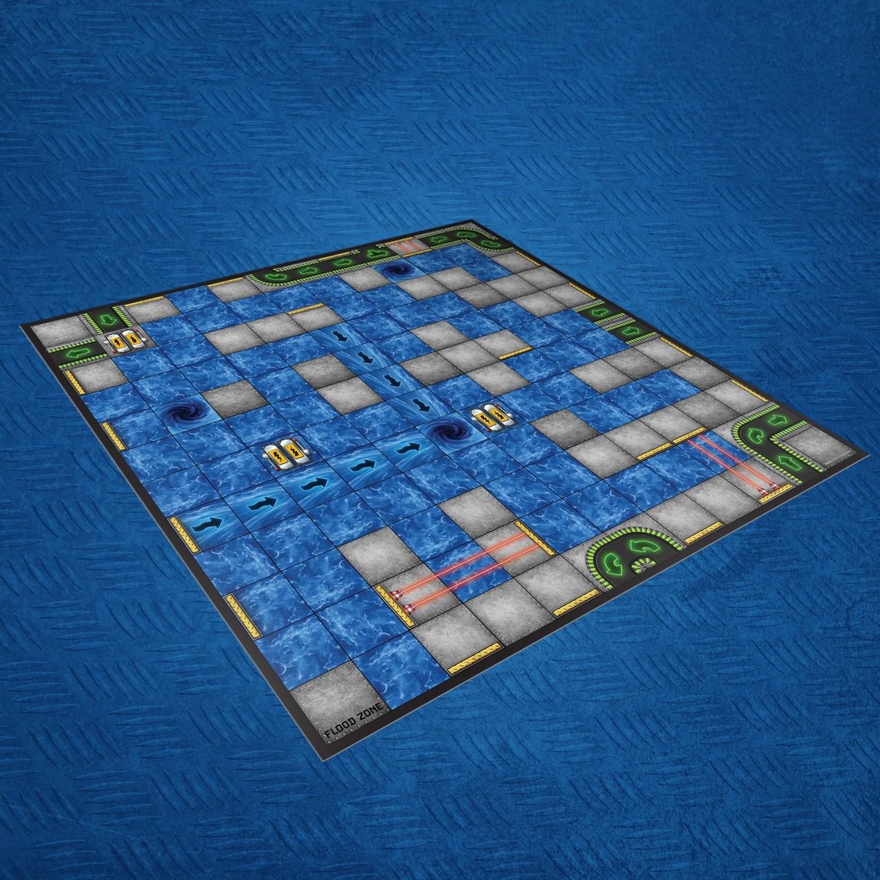 A tiled grid board game map for a flood or water navigation game, showing blue water, whirlpools, and gray land tiles