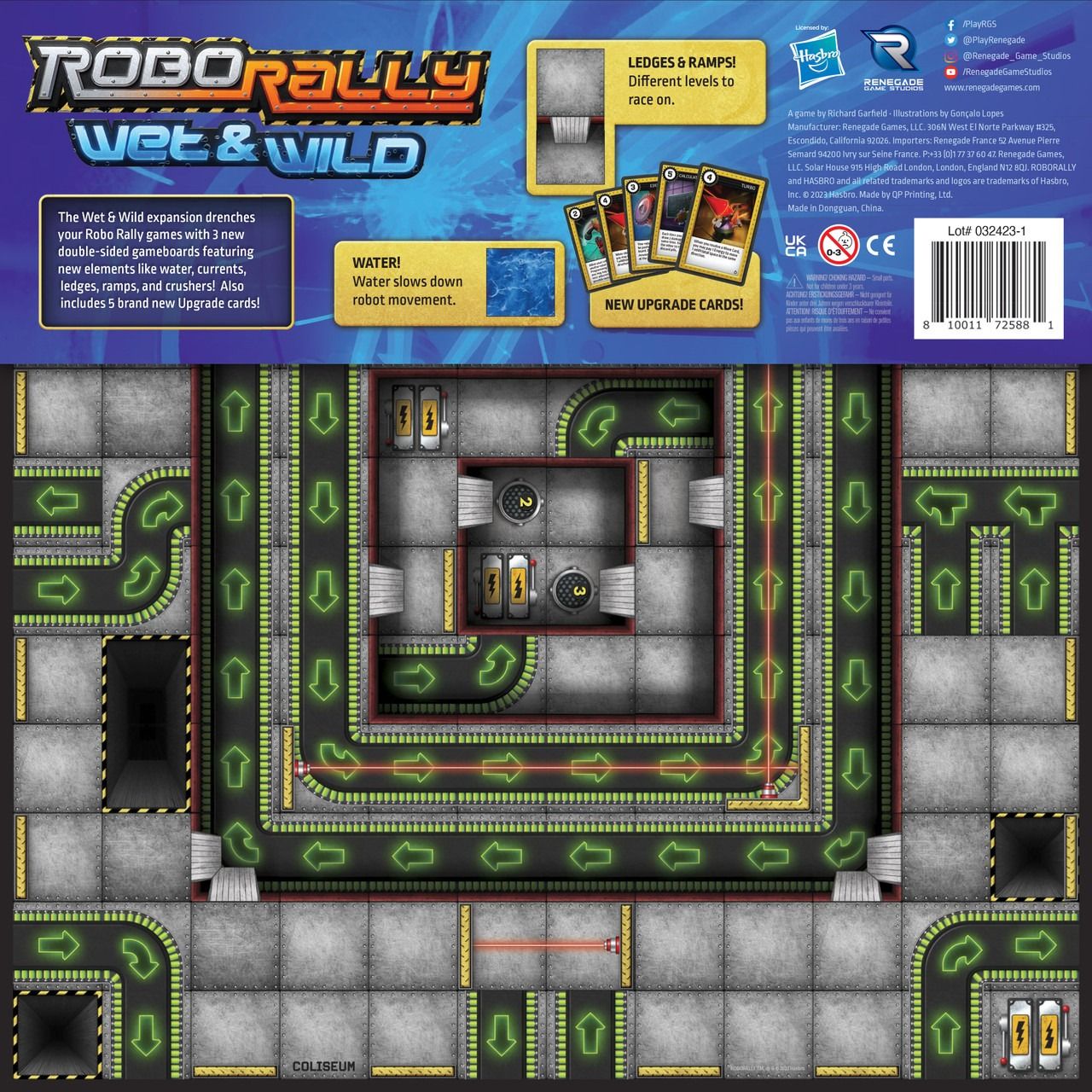 Robo Rally Wet & Wild board game expansion back, displaying a complex industrial map with glowing conveyor paths
