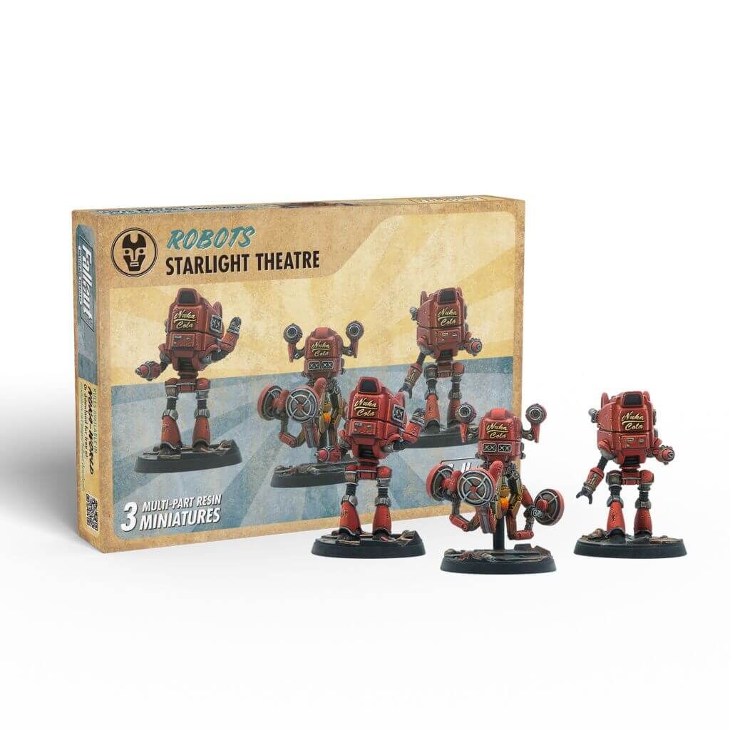 Three painted red Fallout Nuka Cola robot miniatures displayed in front of their "Starlight Theatre" game box