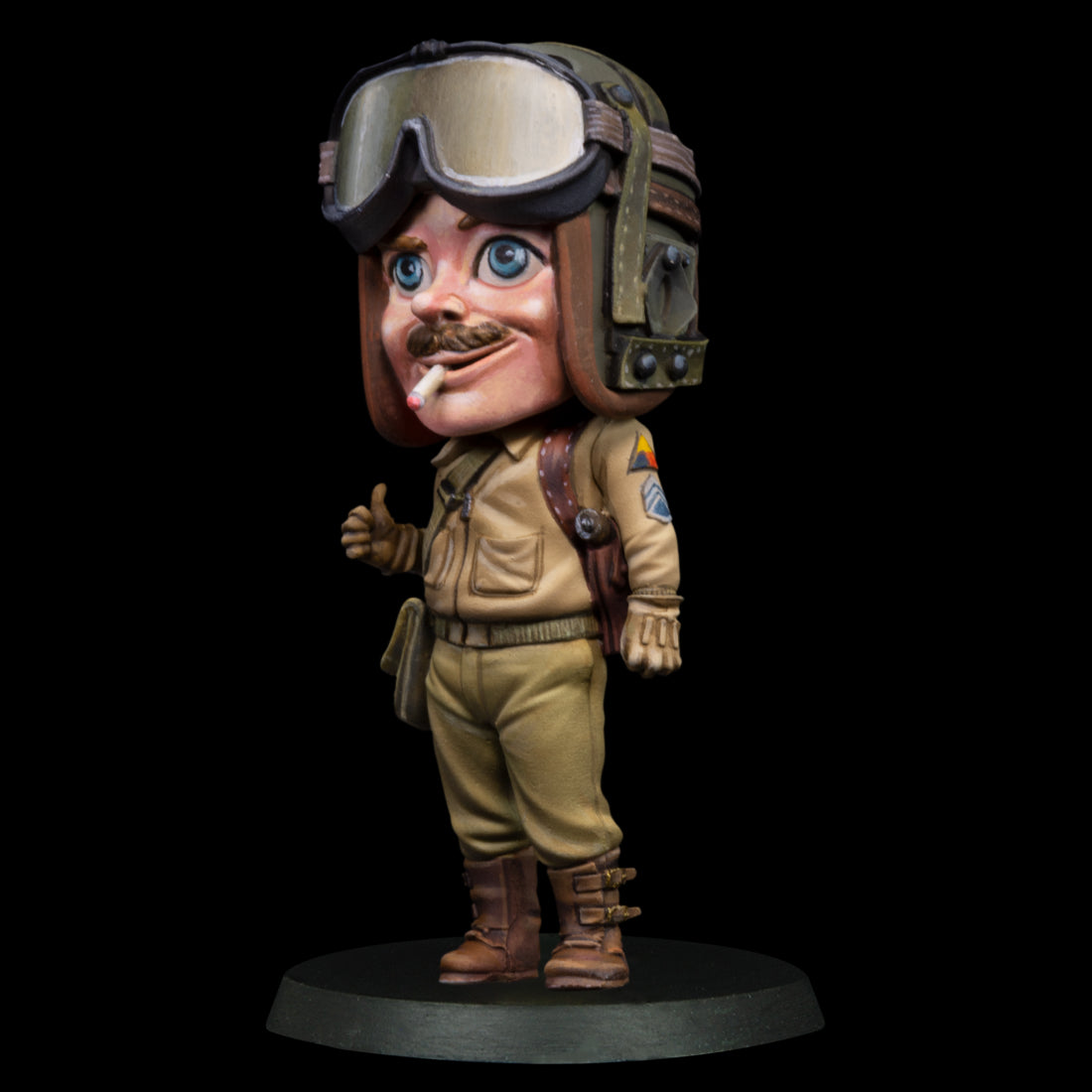 A stylized pilot figurine in helmet, goggles, tan uniform, smoking a cigarette, and giving a thumbs-up.