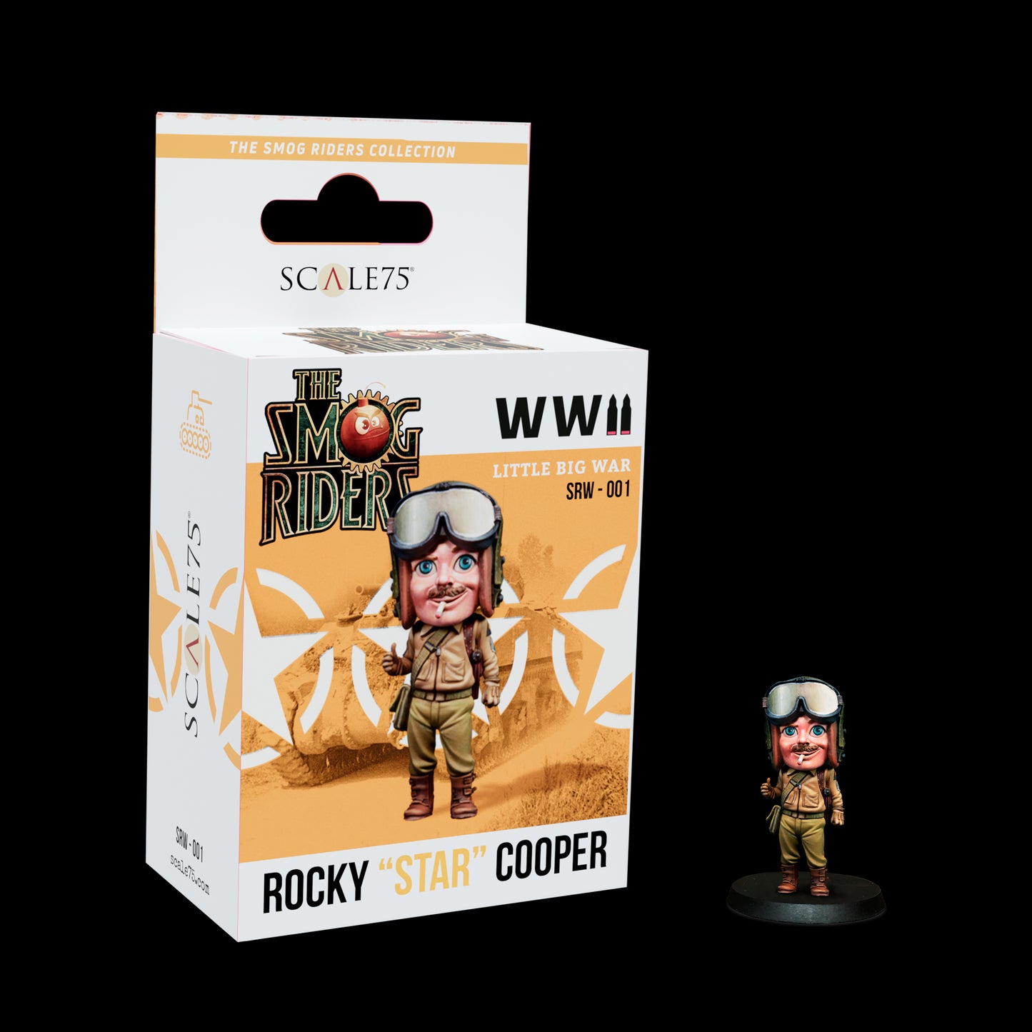 Cartoonish WWII pilot figure 'Rocky Star Cooper' with goggles, cigarette, and thumbs-up, alongside its product box.