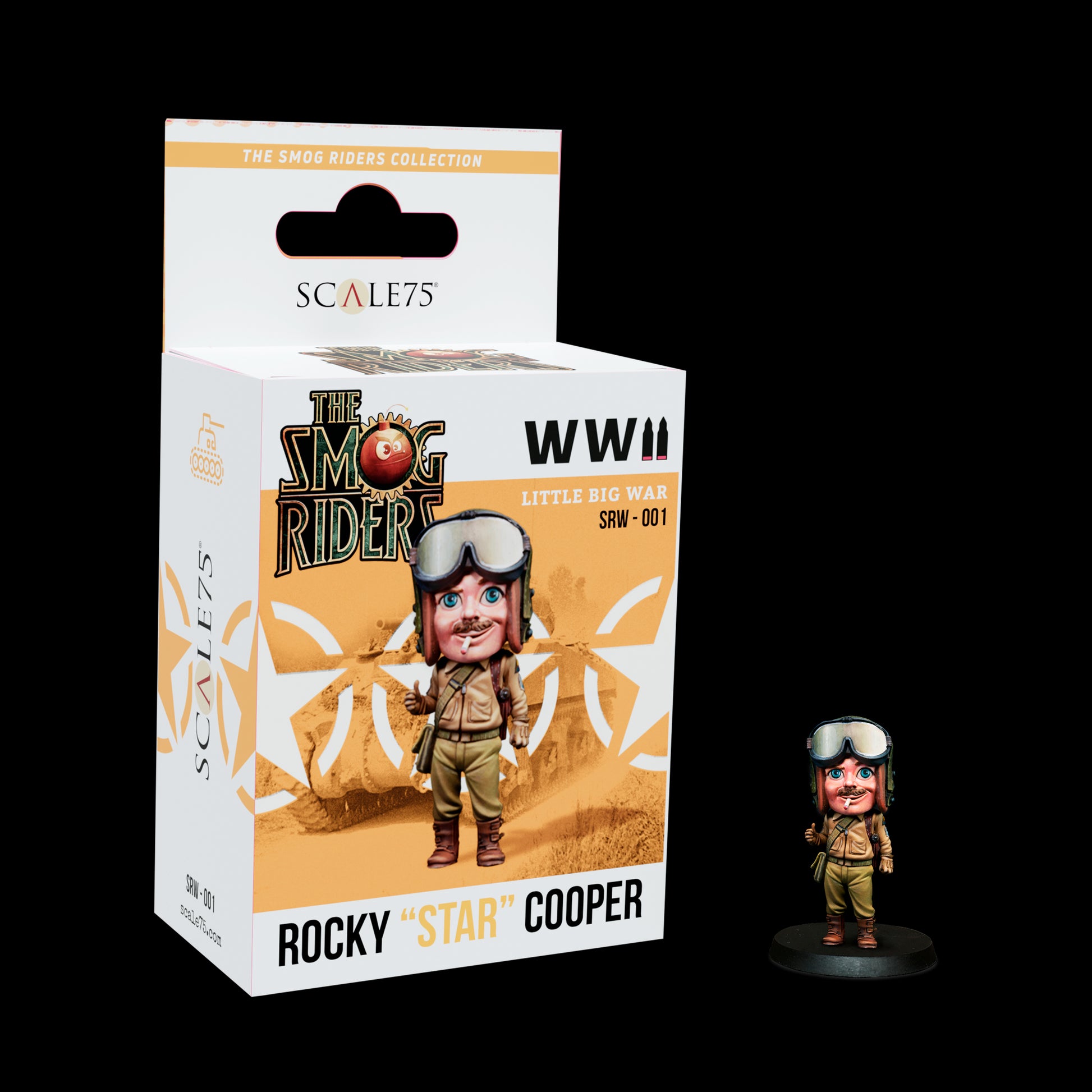 Cartoonish WWII pilot figure 'Rocky Star Cooper' with goggles, cigarette, and thumbs-up, alongside its product box.