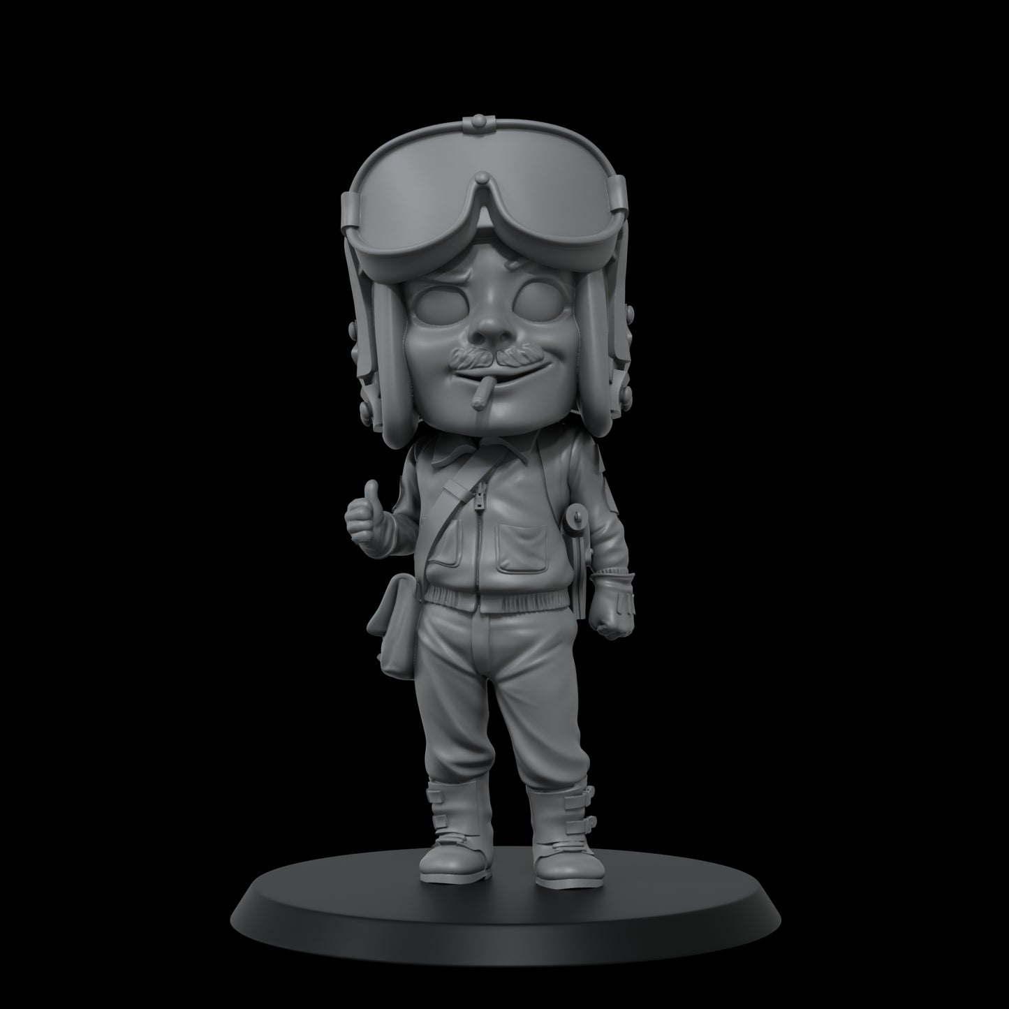 A grey, stylized pilot figure in a bomber jacket, helmet, and goggles, with a mustache, cigar, and thumbs-up.