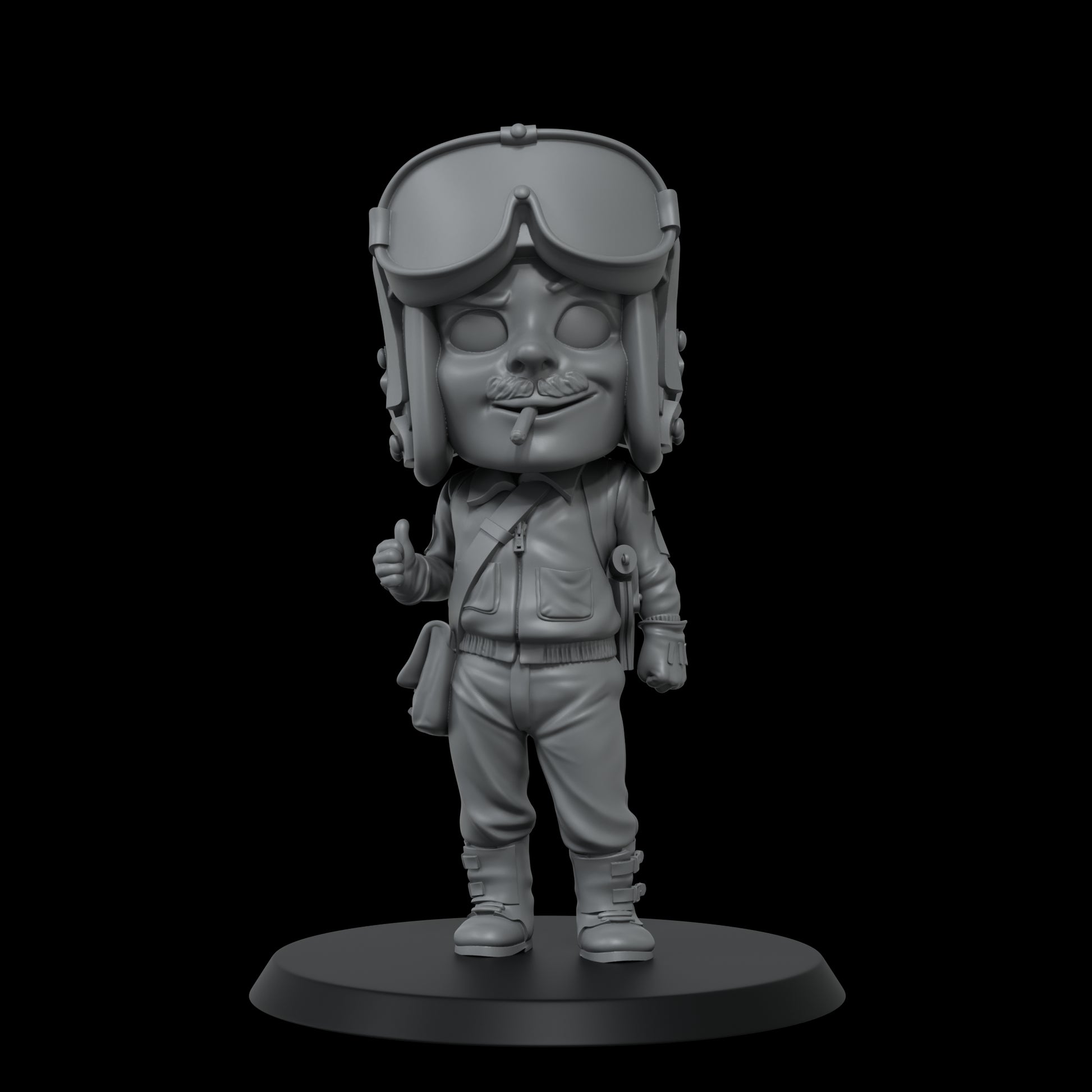 A grey, stylized pilot figure in a bomber jacket, helmet, and goggles, with a mustache, cigar, and thumbs-up.