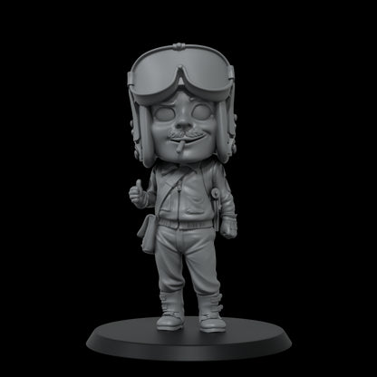 A grey, stylized pilot figure in a bomber jacket, helmet, and goggles, with a mustache, cigar, and thumbs-up.