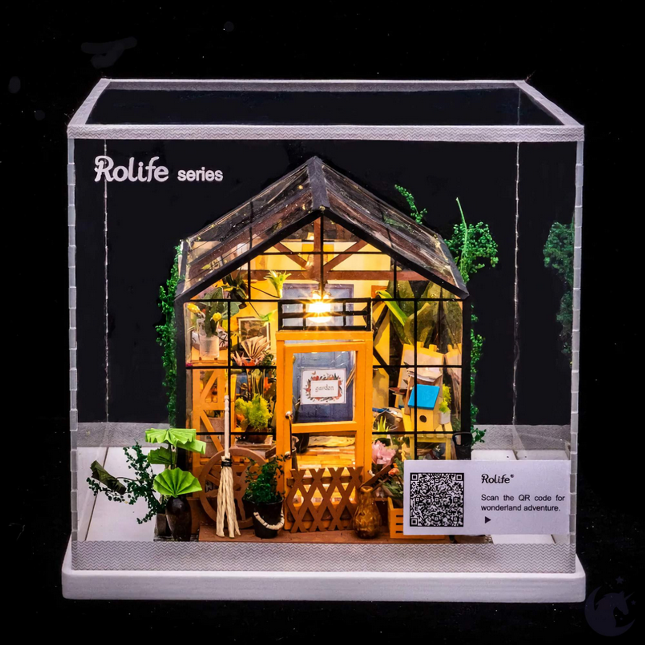 Robotime DIY House Dust Cover display case in black background