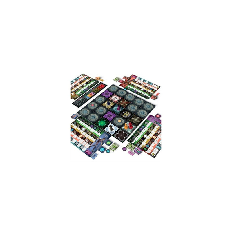 Board game featuring modular tiles cards and tokens laid out on a white surface ready for gameplay