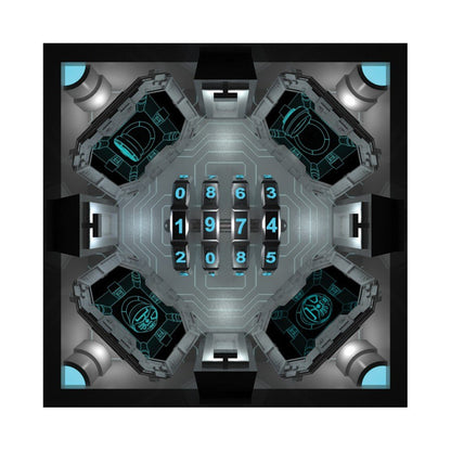 Overhead view of a dark sci-fi control room with a central console displaying glowing blue numbers
