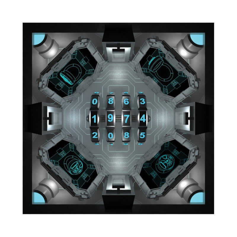 Overhead view of a dark sci-fi control room with a central console displaying glowing blue numbers