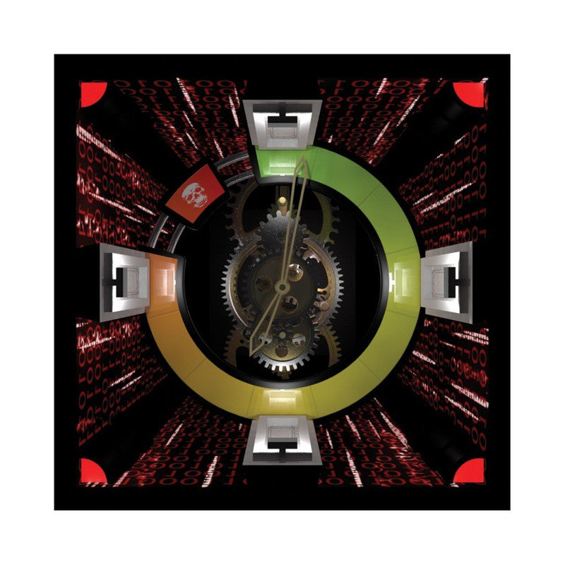 Intricate clockwork mechanism with gold gears set within a digital tunnel background