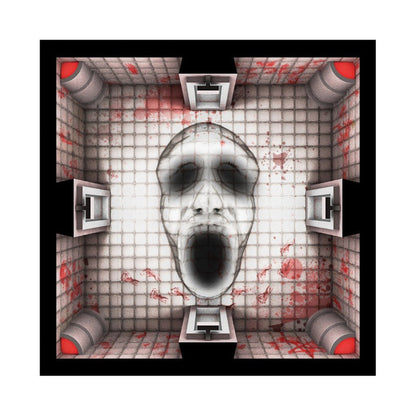 Overhead view of a bloody cell with a monstrous screaming face on the floor