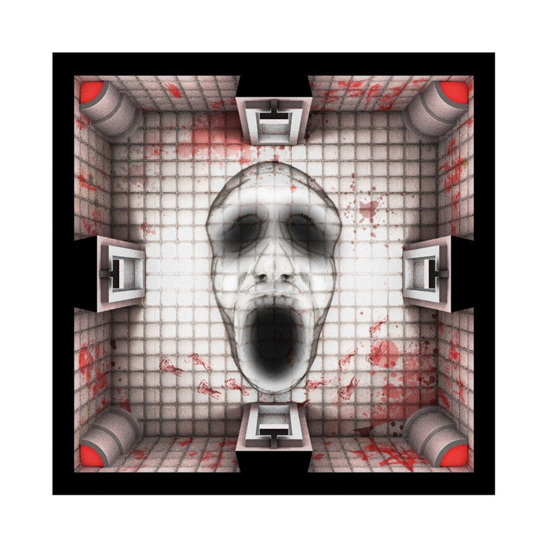 Overhead view of a bloody cell with a monstrous screaming face on the floor