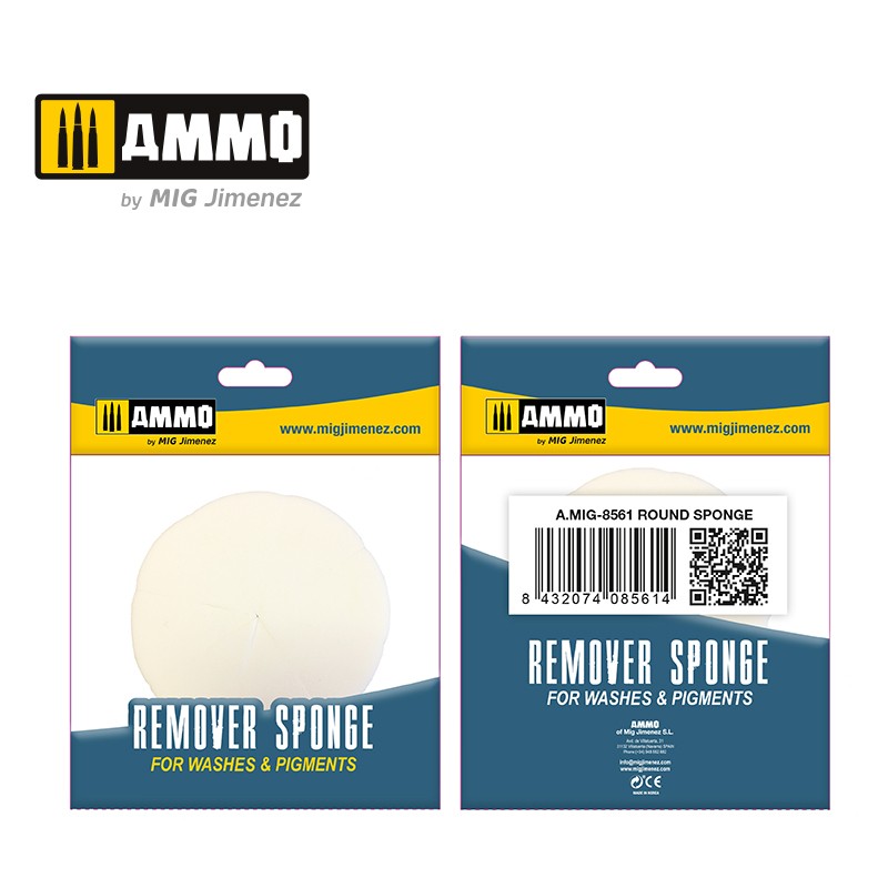 AMMO by MIG Jimenez round cream Remover Sponge for washes & pigments, shown in its packaging.