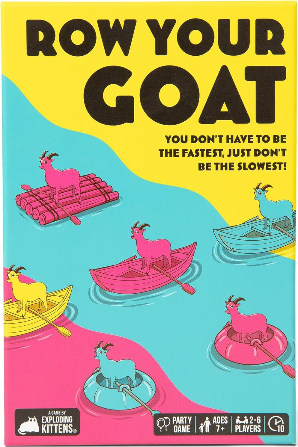Box cover for "Row Your Goat" featuring six brightly colored goats standing in different rafts and boats