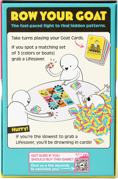Row Your Goat game illustration: Players race to grab lifesavers; one player is overwhelmed by a large pile of cards
