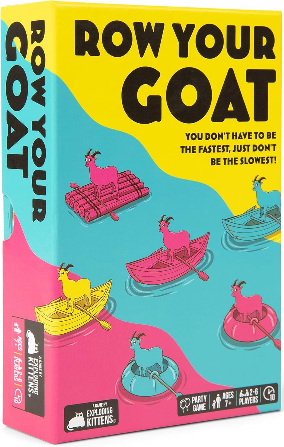 Row Your Goat game box, featuring colorful cartoon goats rowing boats, rafts and dinghies across bright blue water