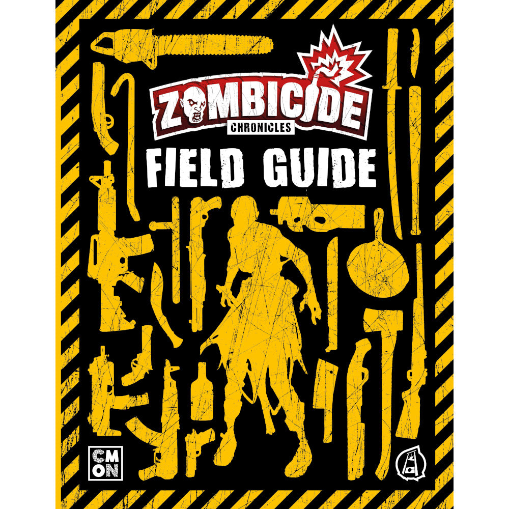 Zombicide Chronicles Field Guide cover, Black background with yellow hazard stripes, a central survivor silhouette, and many yellow weapon icons: guns, axes, and a chainsaw