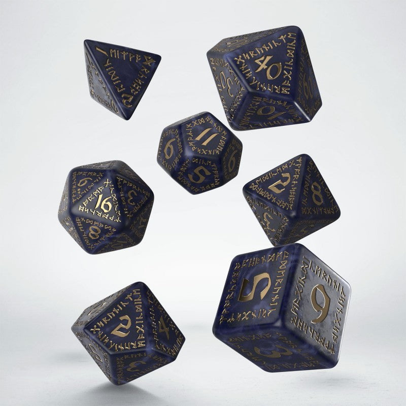 Dark blue polyhedral dice with gold numbers and runic symbols float against a white background