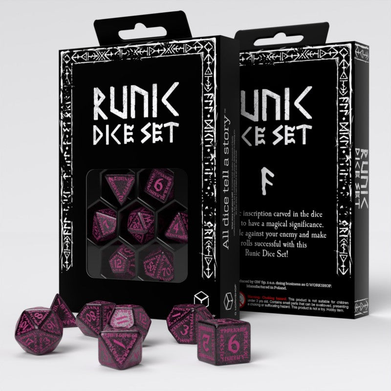 Q Workshop Runic Shimmering Black With Magenta Dice Set box displaying purple runic dice, with loose matching dice in foreground