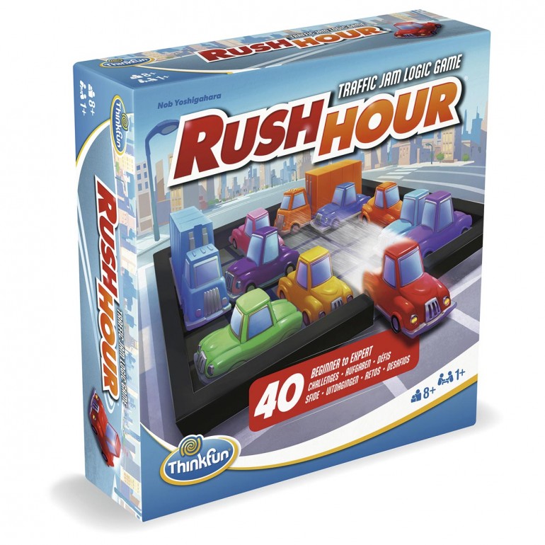 ThinkFun Rush Hour Traffic Jam Logic Game box showing the game board with colorful plastic cars and trucks