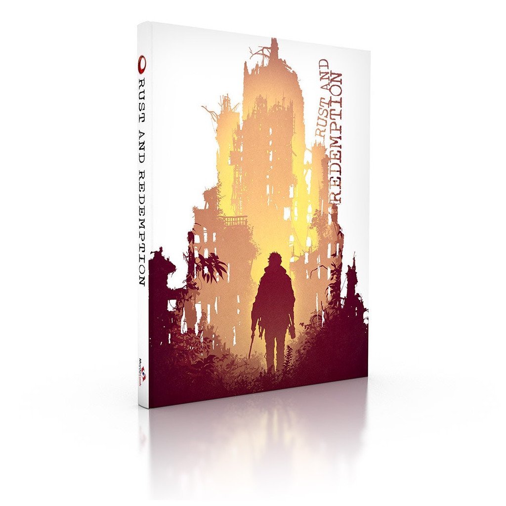 Rust and Redemption hardcover book featuring a silhouetted figure in a desolate landscape with glowing ruined buildings
